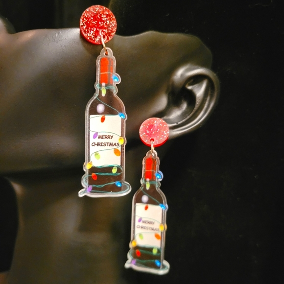 2/$20 X-Mas Resin Wine Bottle Earrings - Picture 4 of 4